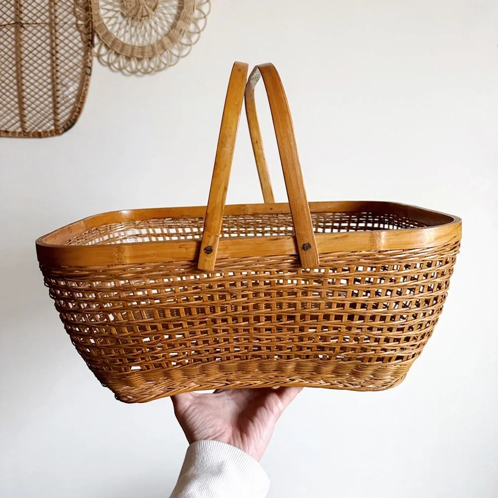 Large Bamboo Rattan Shopping Basket Vintage Bohemian Cottage Core Farmhouse